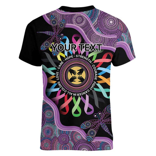Inspirational Fight Cancers In All Color Personalised Women V-Neck T-Shirt Dragonfly Aboriginal Art