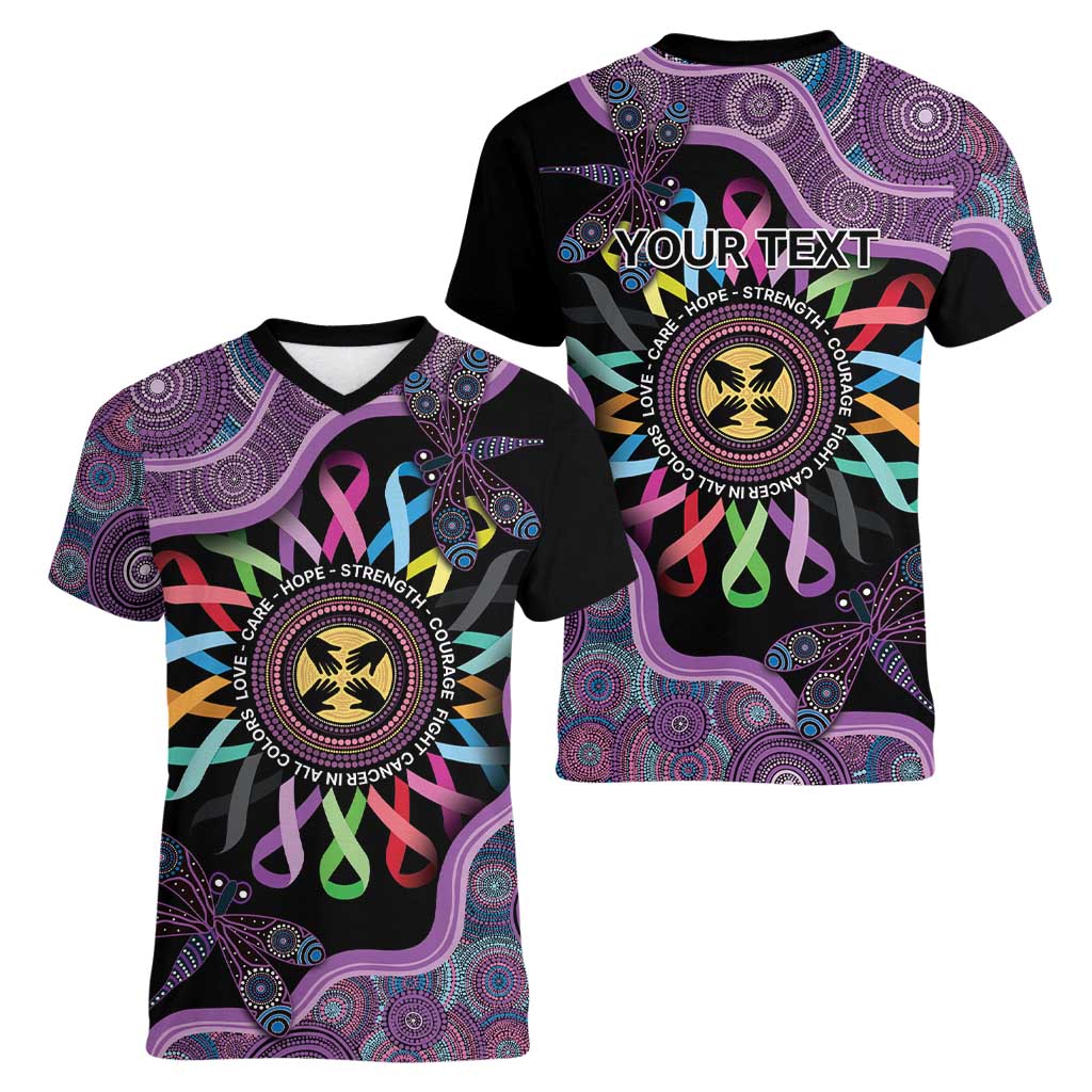 Inspirational Fight Cancers In All Color Personalised Women V-Neck T-Shirt Dragonfly Aboriginal Art
