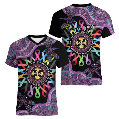 Inspirational Fight Cancers In All Color Personalised Women V-Neck T-Shirt Dragonfly Aboriginal Art