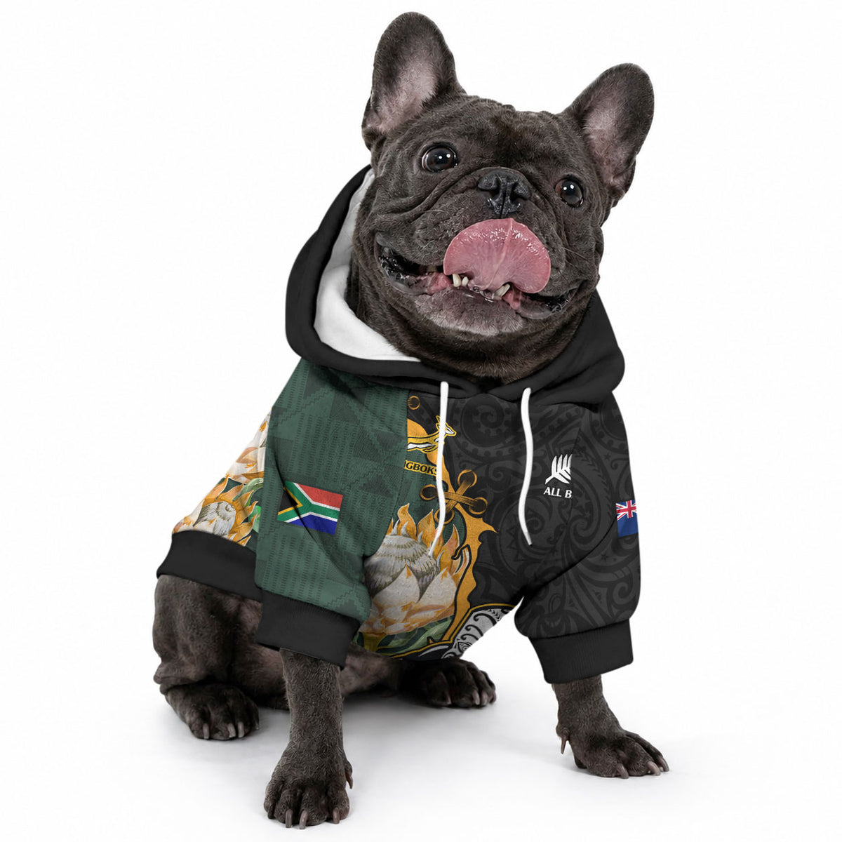 South Africa Protea and New Zealand Pet Hoodie Go All Black-Springboks Rugby with Kente And Maori