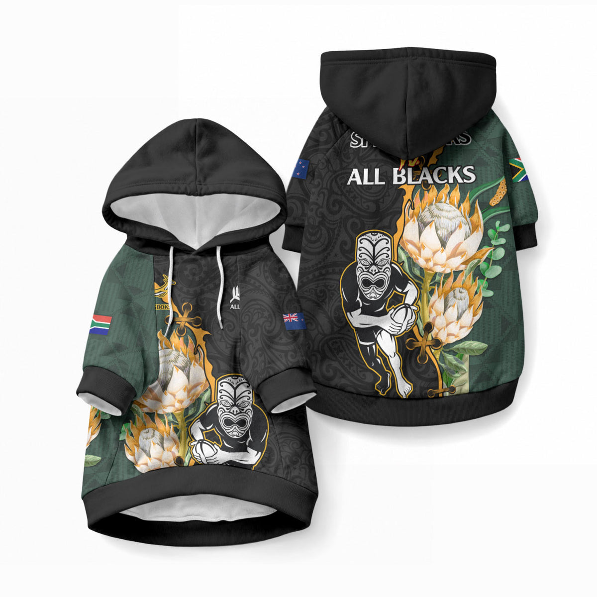 South Africa Protea and New Zealand Pet Hoodie Go All Black-Springboks Rugby with Kente And Maori