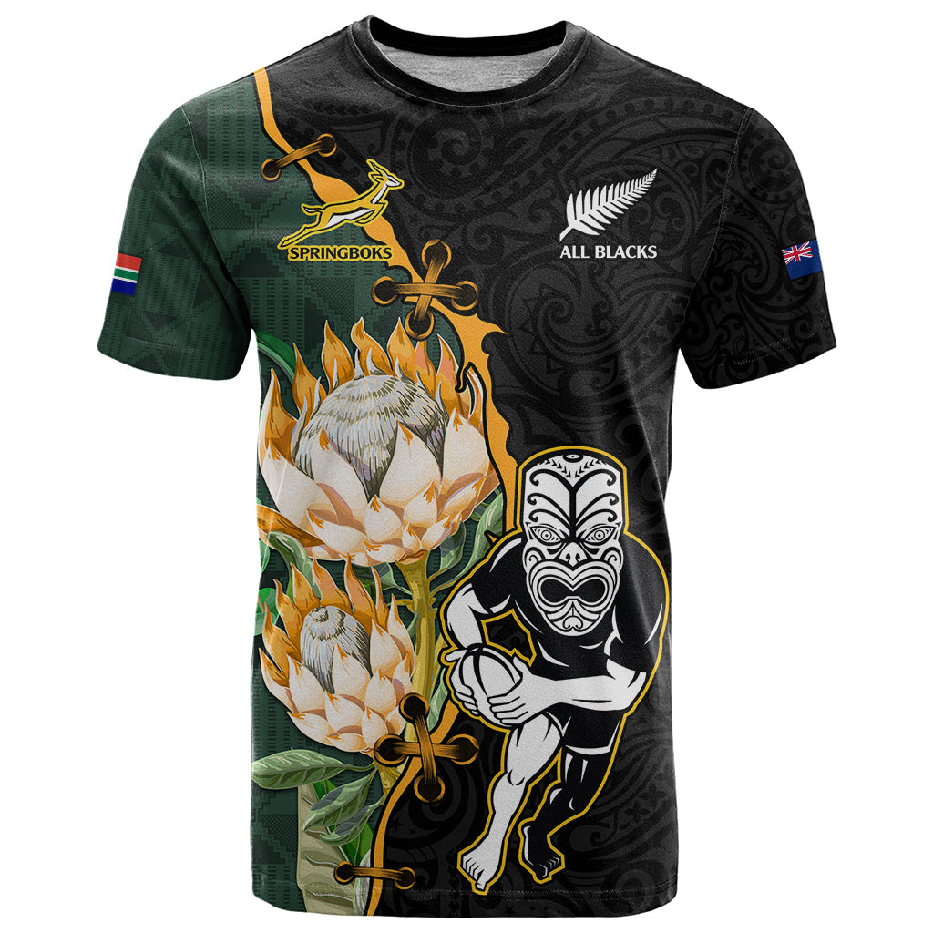 Custom South Africa Protea and New Zealand T Shirt Go All Black-Springboks Rugby with Kente And Maori LT9