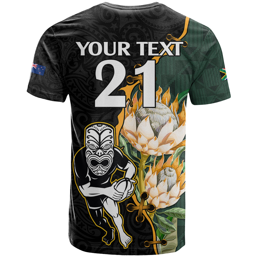 Custom South Africa Protea and New Zealand T Shirt Go All Black-Springboks Rugby with Kente And Maori LT9