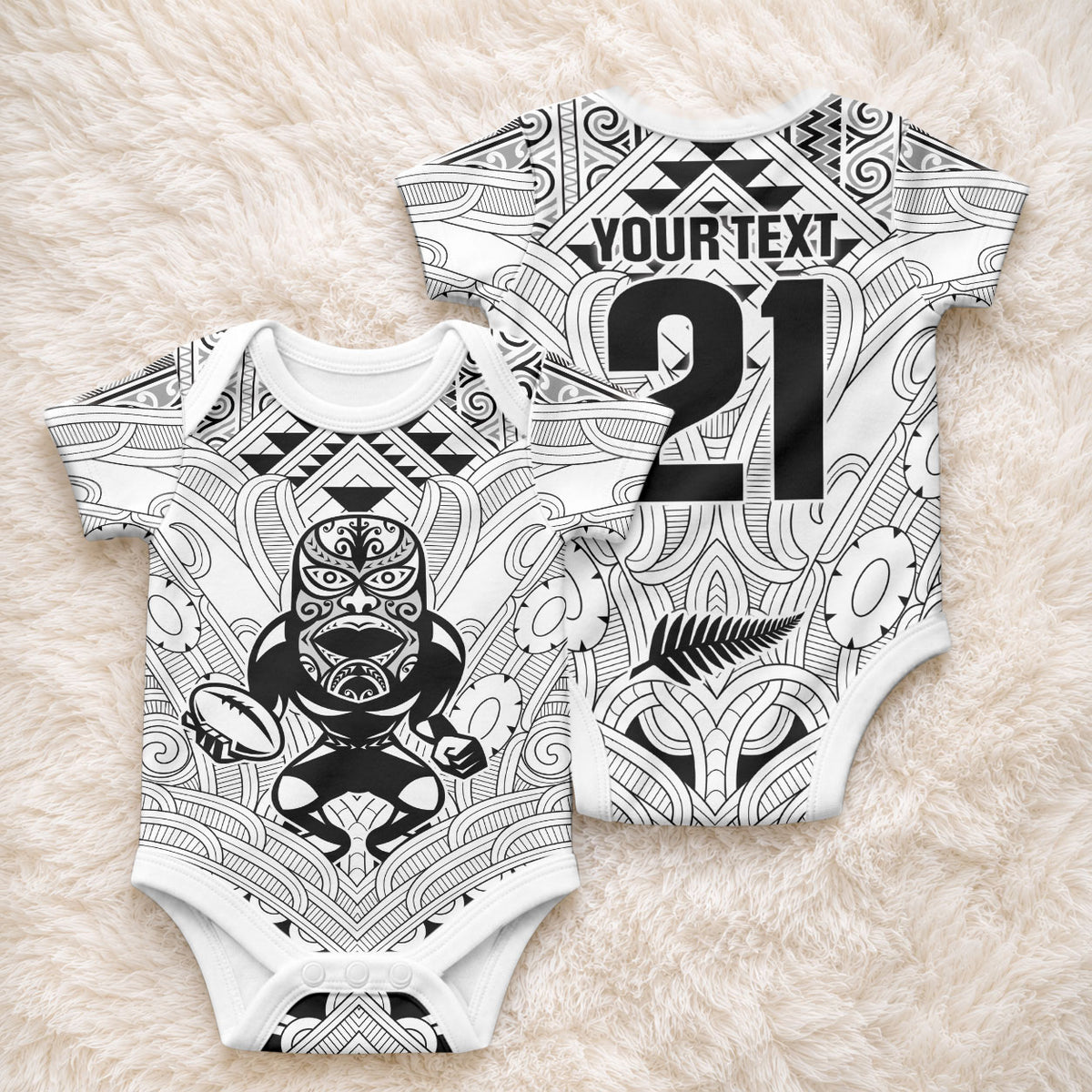 2026 Autumn Rugby Nations New Zealand Custom Baby Onesie White Kowhaiwhai Maori Tribal Taniko Motif