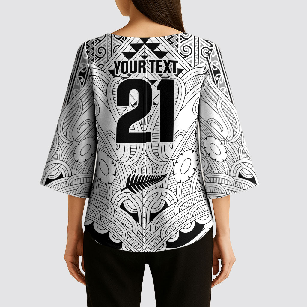2026 Autumn Rugby Nations New Zealand Custom Kimono Sleeve Blouse White Kowhaiwhai Maori Tribal Taniko Motif