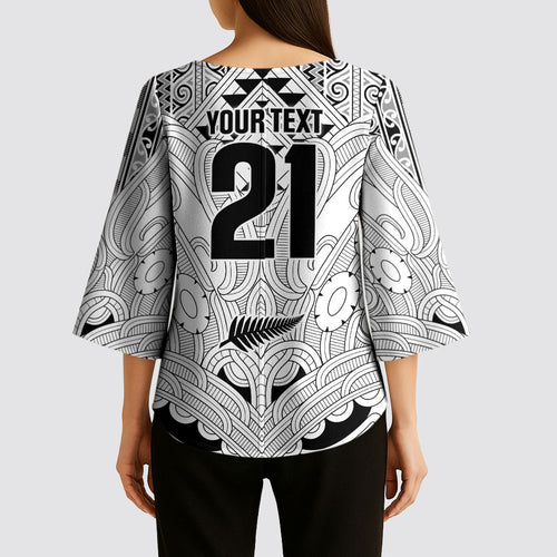 2026 Autumn Rugby Nations New Zealand Custom Kimono Sleeve Blouse White Kowhaiwhai Maori Tribal Taniko Motif
