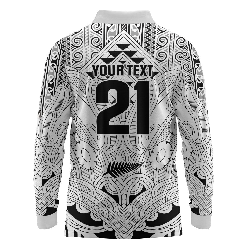 2026 Autumn Rugby Nations New Zealand Custom Long Sleeve Polo Shirt White Kowhaiwhai Maori Tribal Taniko Motif