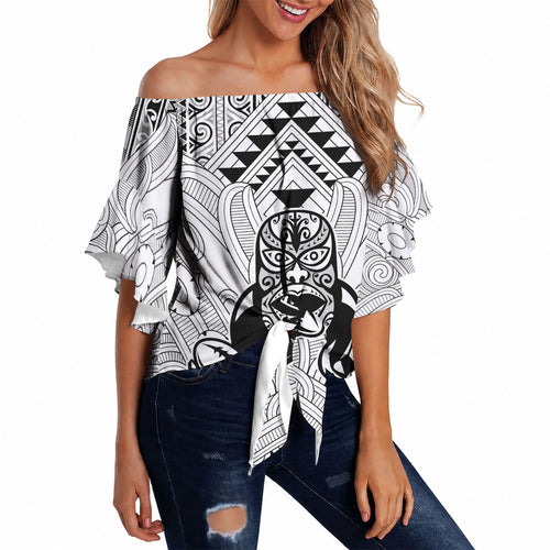 2026 Autumn Rugby Nations New Zealand Custom Off Shoulder Wrap Waist Top White Kowhaiwhai Maori Tribal Taniko Motif