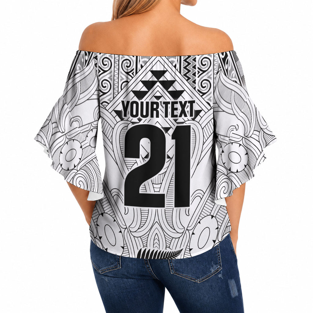 2026 Autumn Rugby Nations New Zealand Custom Off Shoulder Wrap Waist Top White Kowhaiwhai Maori Tribal Taniko Motif