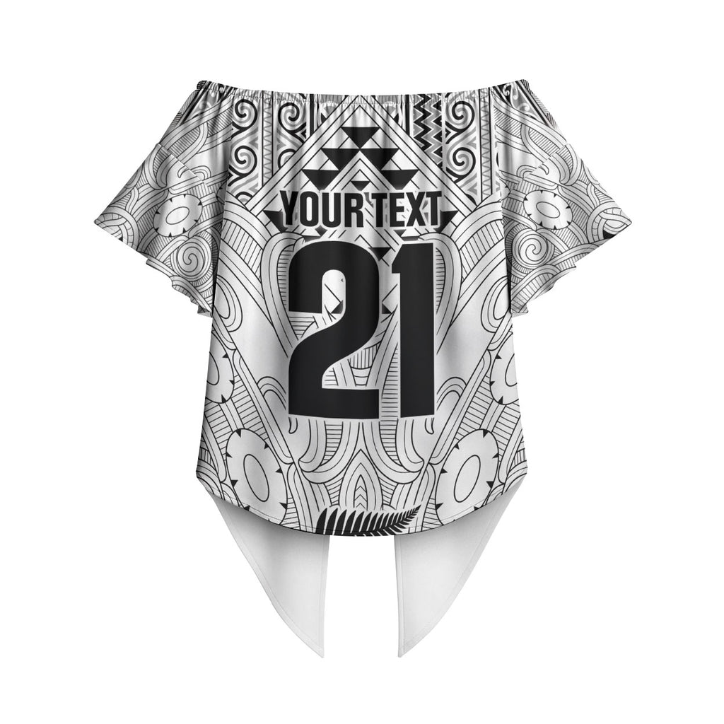 2026 Autumn Rugby Nations New Zealand Custom Off Shoulder Wrap Waist Top White Kowhaiwhai Maori Tribal Taniko Motif