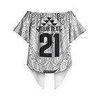 2026 Autumn Rugby Nations New Zealand Custom Off Shoulder Wrap Waist Top White Kowhaiwhai Maori Tribal Taniko Motif