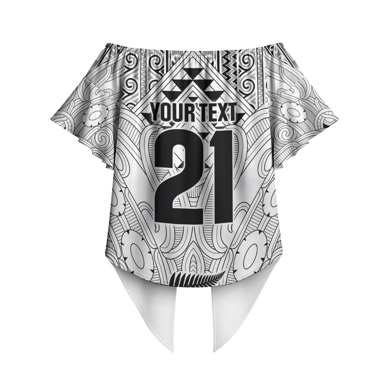 2026 Autumn Rugby Nations New Zealand Custom Off Shoulder Wrap Waist Top White Kowhaiwhai Maori Tribal Taniko Motif
