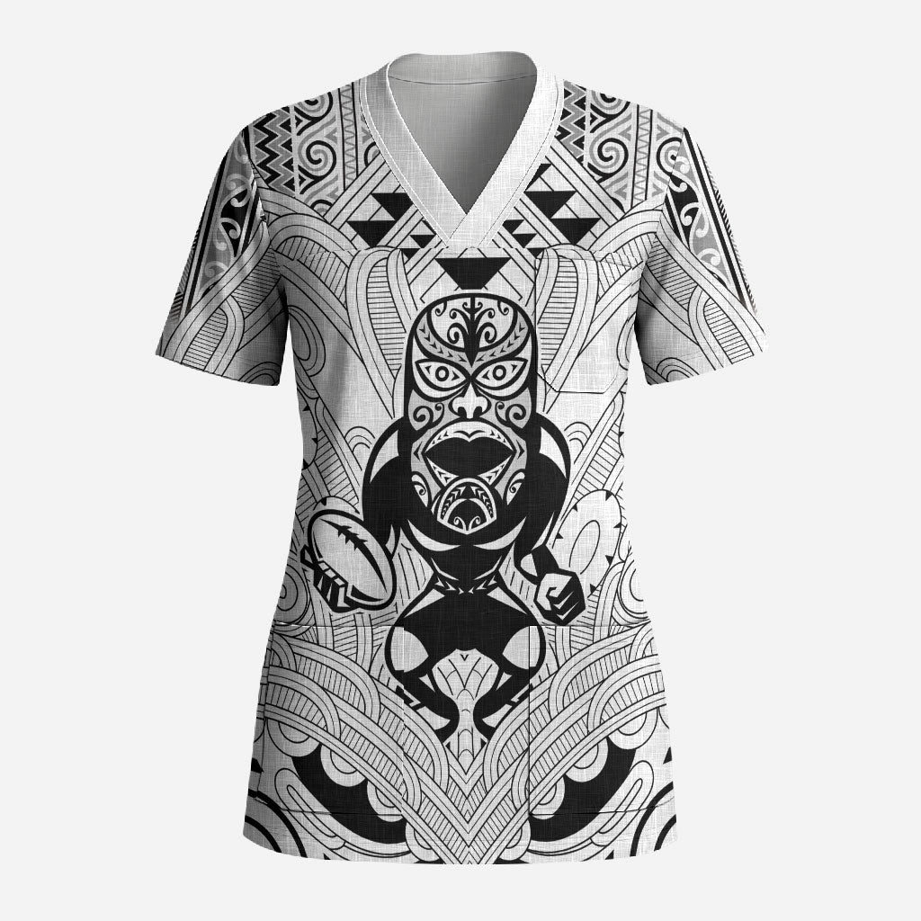 2026 Autumn Rugby Nations New Zealand Custom Scrub Top White Kowhaiwhai Maori Tribal Taniko Motif