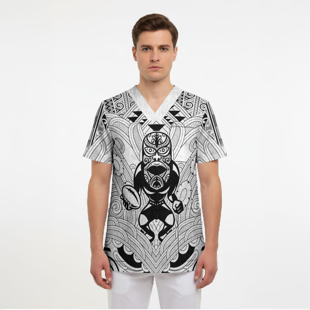 2026 Autumn Rugby Nations New Zealand Custom Scrub Top White Kowhaiwhai Maori Tribal Taniko Motif