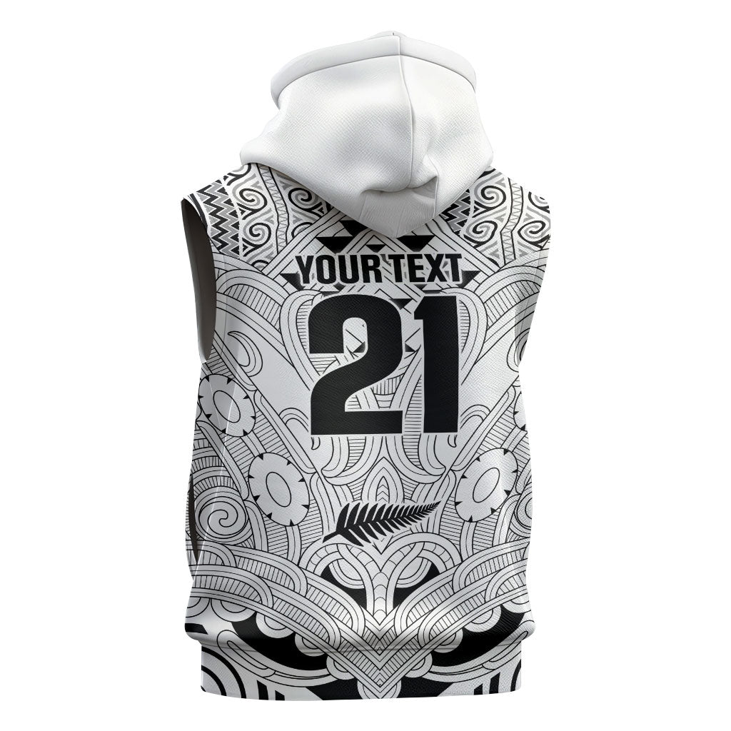 2026 Autumn Rugby Nations New Zealand Custom Sleeveless Zip Hoodie White Kowhaiwhai Maori Tribal Taniko Motif