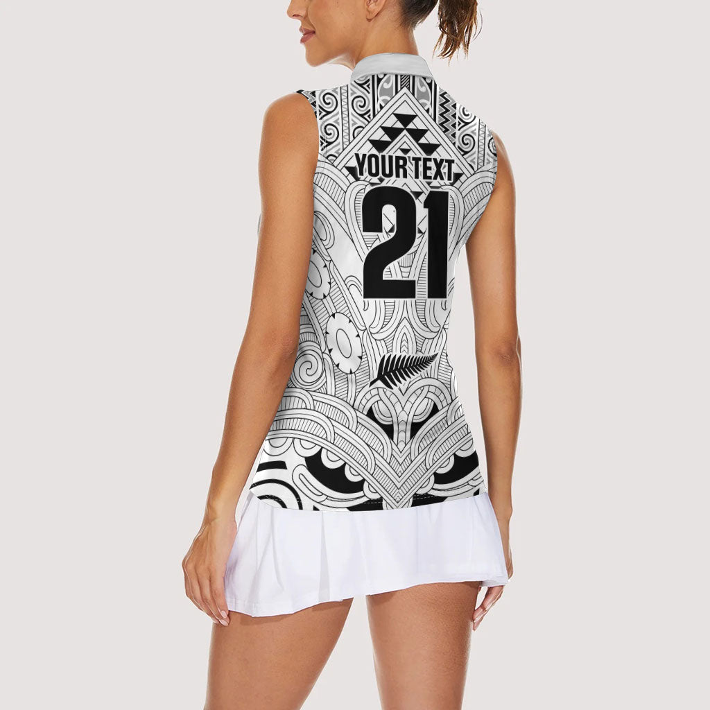 2026 Autumn Rugby Nations New Zealand Custom Women Sleeveless Polo Shirt White Kowhaiwhai Maori Tribal Taniko Motif