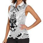 2026 Autumn Rugby Nations New Zealand Custom Women Sleeveless Polo Shirt White Kowhaiwhai Maori Tribal Taniko Motif