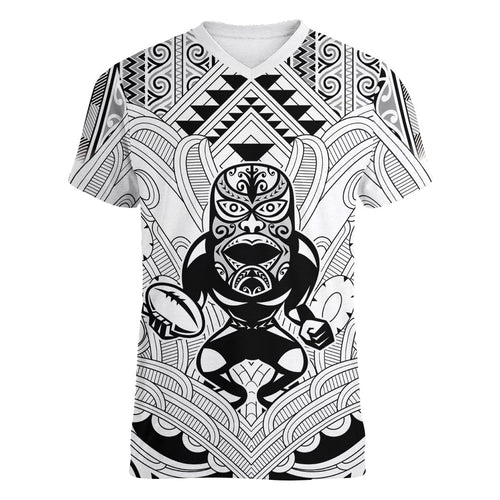 2026 Autumn Rugby Nations New Zealand Custom Women V-Neck T-Shirt White Kowhaiwhai Maori Tribal Taniko Motif