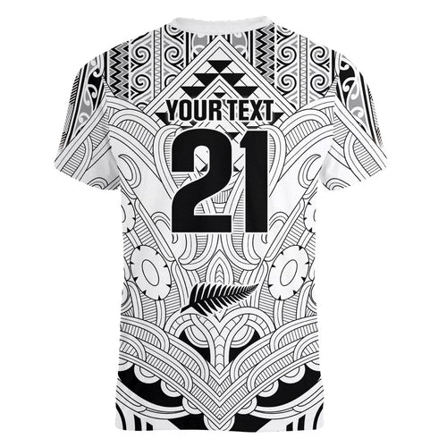 2026 Autumn Rugby Nations New Zealand Custom Women V-Neck T-Shirt White Kowhaiwhai Maori Tribal Taniko Motif