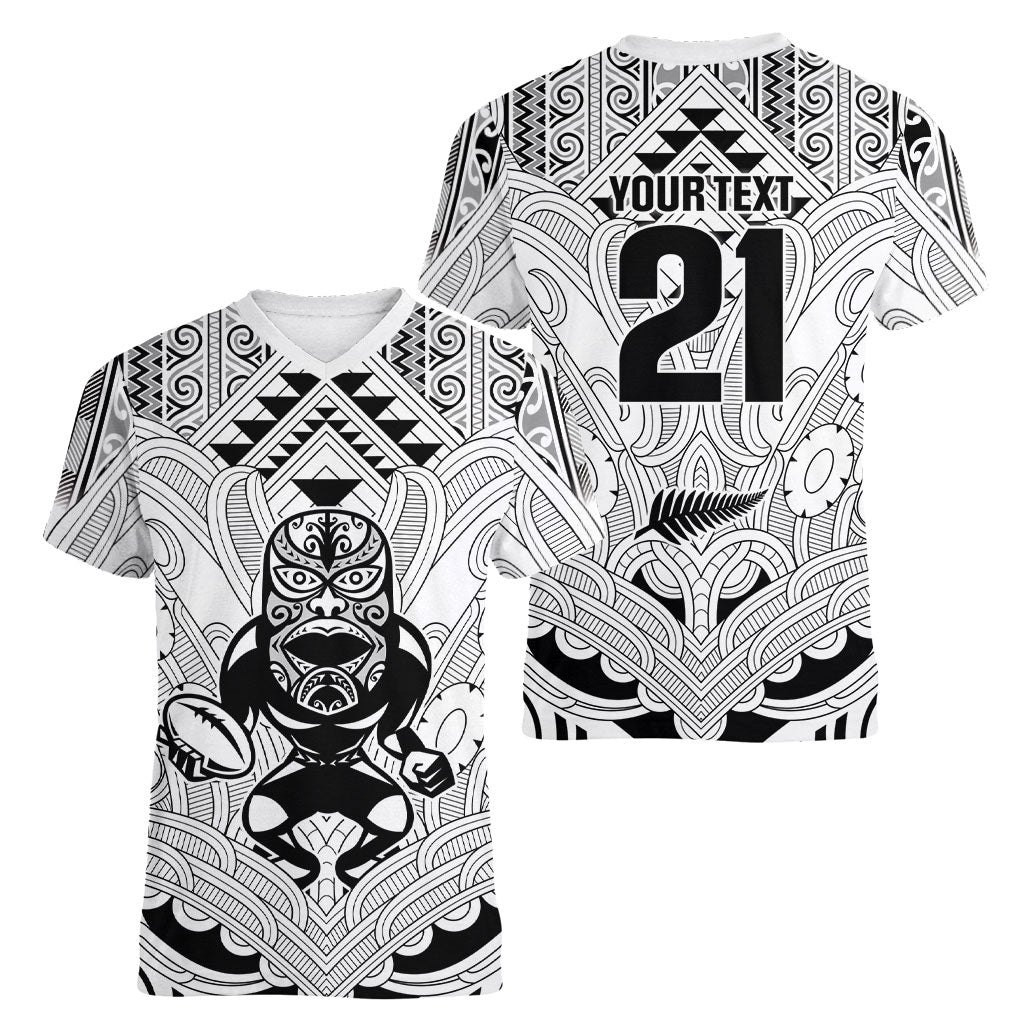 2026 Autumn Rugby Nations New Zealand Custom Women V-Neck T-Shirt White Kowhaiwhai Maori Tribal Taniko Motif