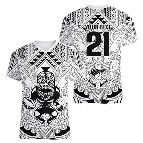 2026 Autumn Rugby Nations New Zealand Custom Women V-Neck T-Shirt White Kowhaiwhai Maori Tribal Taniko Motif