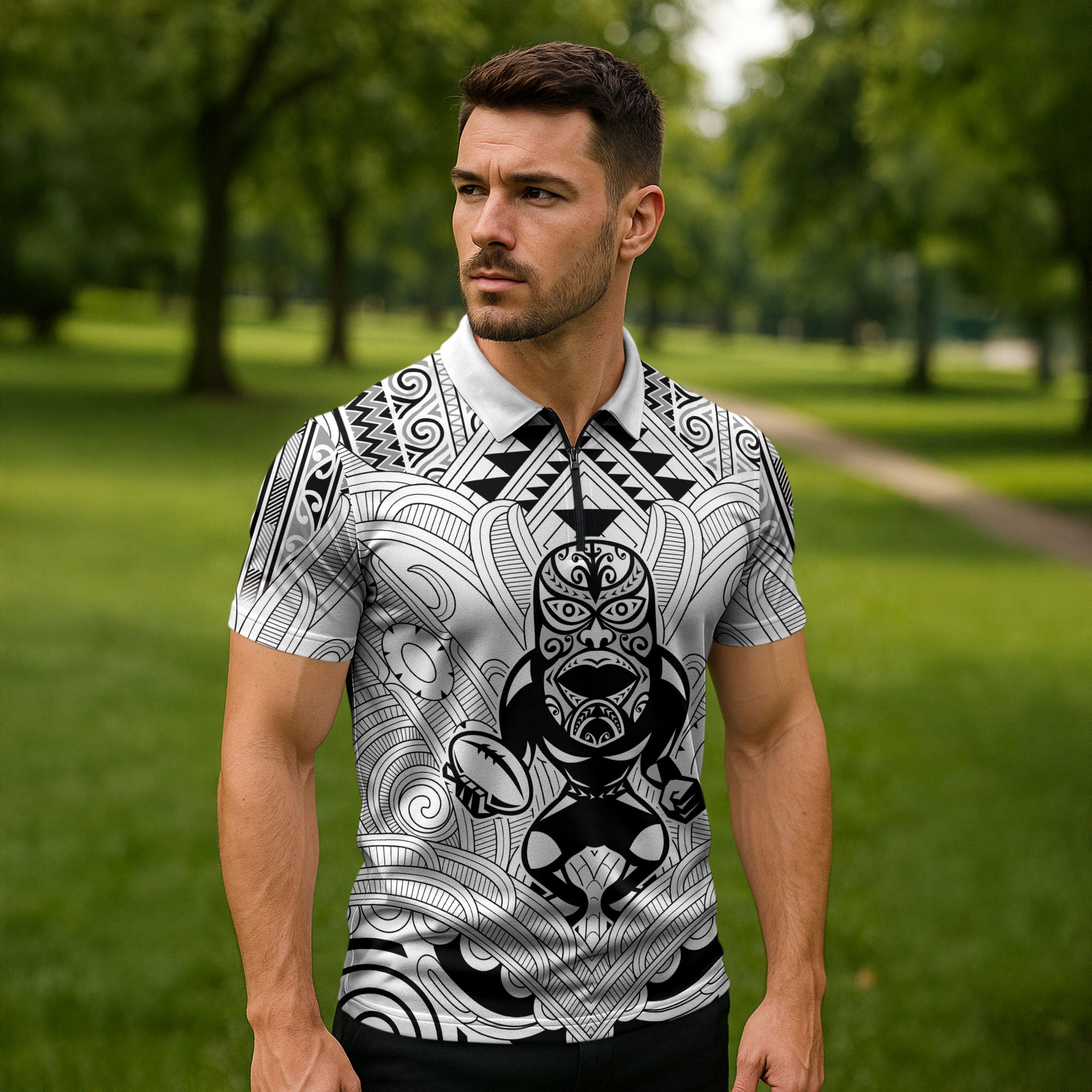 2026 Autumn Rugby Nations New Zealand Custom Zipper Polo Shirt White Kowhaiwhai Maori Tribal Taniko Motif