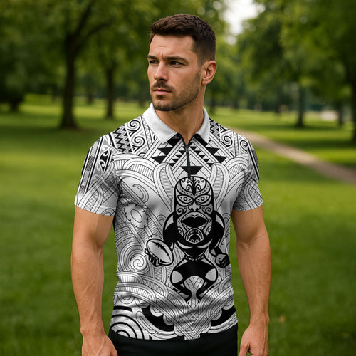 2026 Autumn Rugby Nations New Zealand Custom Zipper Polo Shirt White Kowhaiwhai Maori Tribal Taniko Motif