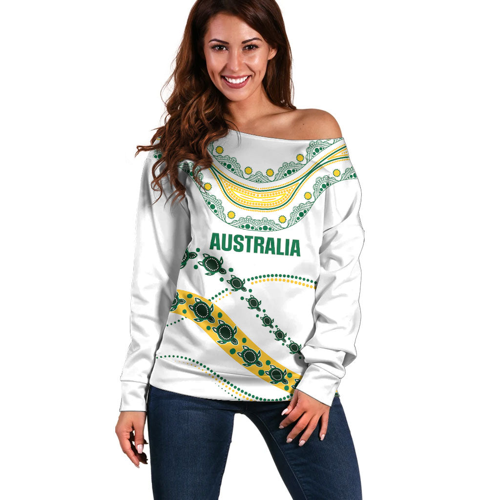 2026 Autumn Rugby Nations Australia Custom Off Shoulder Sweater Indigenous Turtle Aboriginal Dot Art