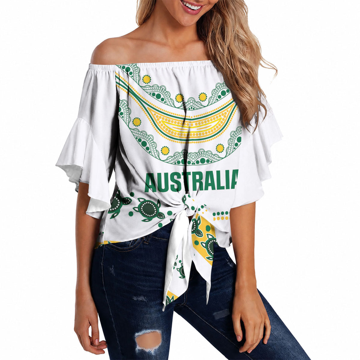 2026 Autumn Rugby Nations Australia Custom Off Shoulder Wrap Waist Top Indigenous Turtle Aboriginal Dot Art