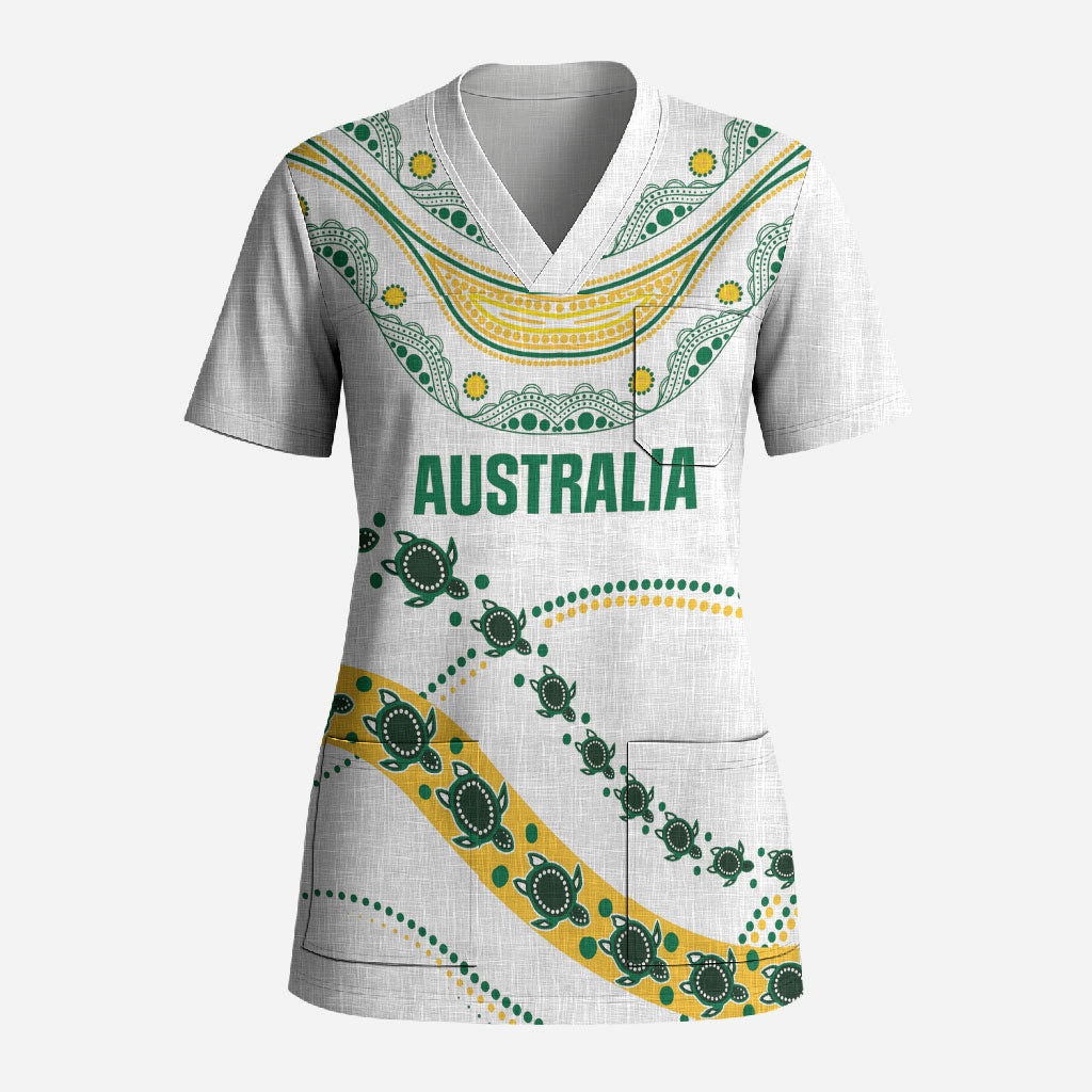 2026 Autumn Rugby Nations Australia Custom Scrub Top Indigenous Turtle Aboriginal Dot Art