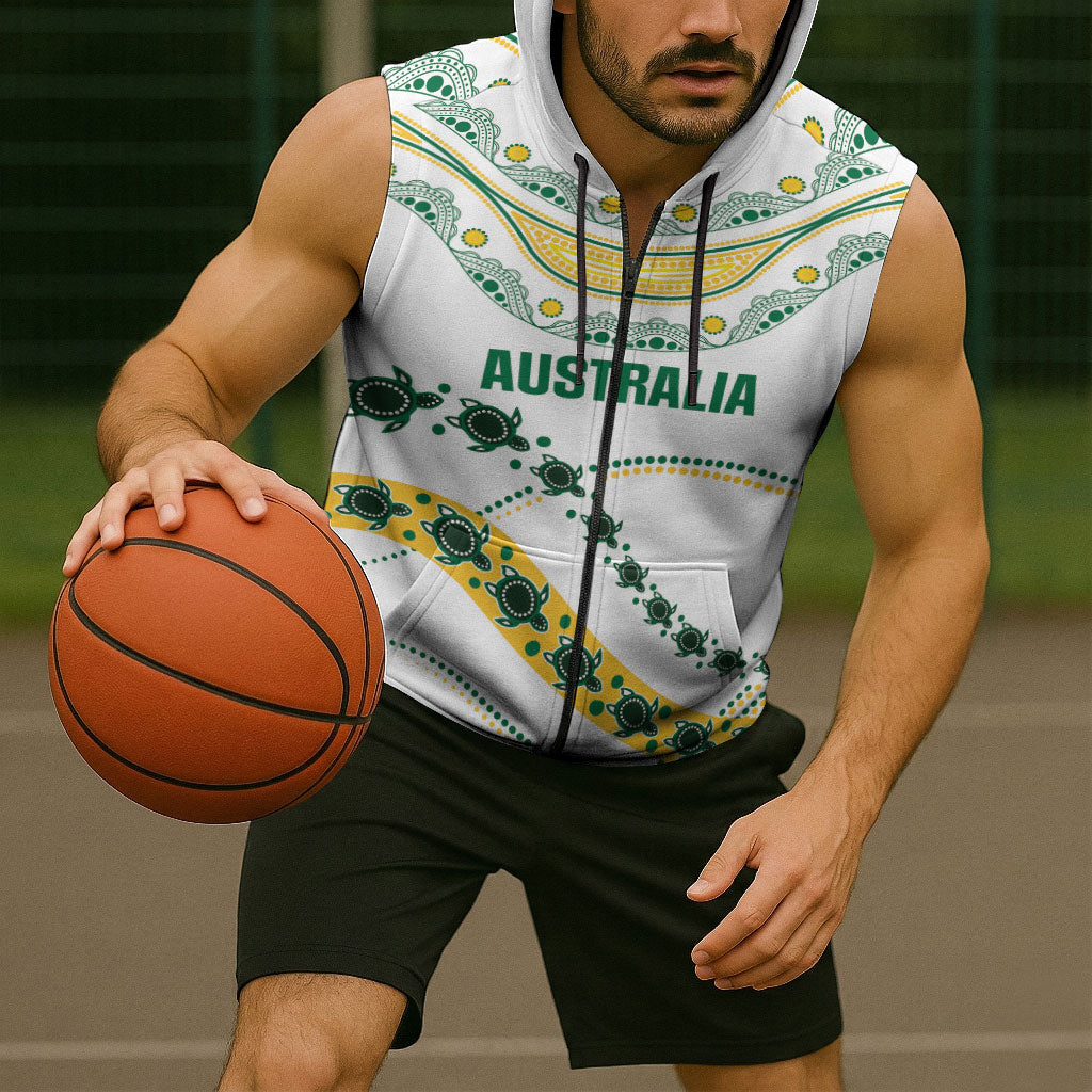 2026 Autumn Rugby Nations Australia Custom Sleeveless Zip Hoodie Indigenous Turtle Aboriginal Dot Art
