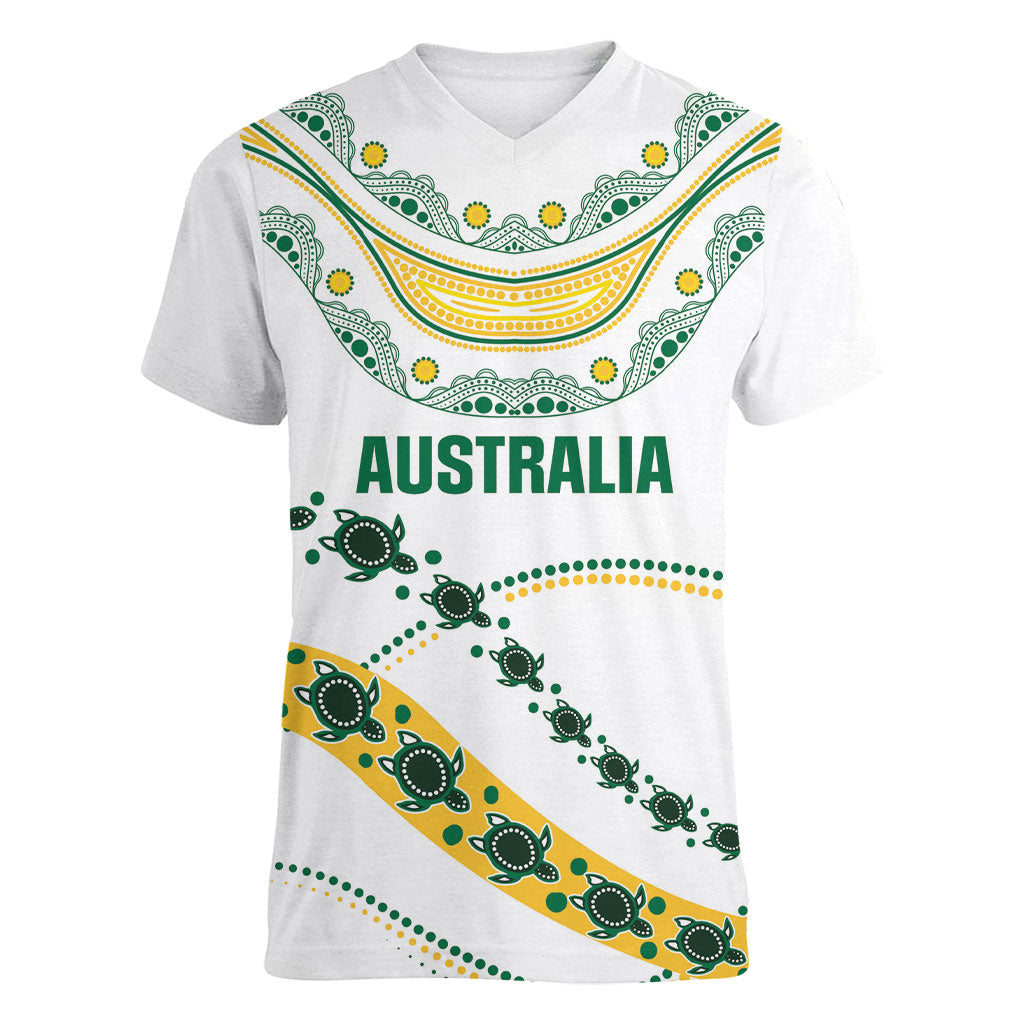 2026 Autumn Rugby Nations Australia Custom Women V-Neck T-Shirt Indigenous Turtle Aboriginal Dot Art