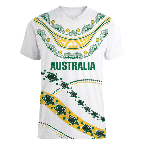 2026 Autumn Rugby Nations Australia Custom Women V-Neck T-Shirt Indigenous Turtle Aboriginal Dot Art