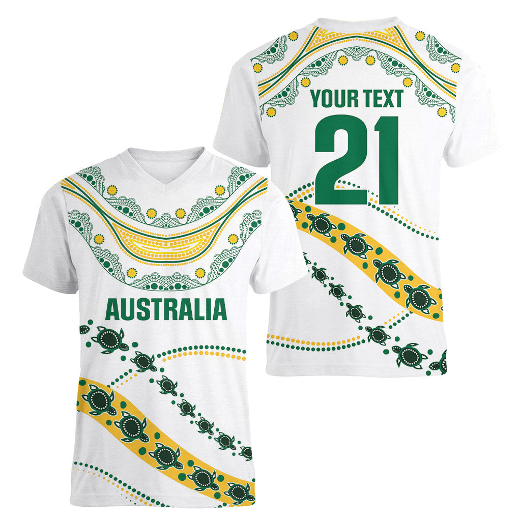 2026 Autumn Rugby Nations Australia Custom Women V-Neck T-Shirt Indigenous Turtle Aboriginal Dot Art