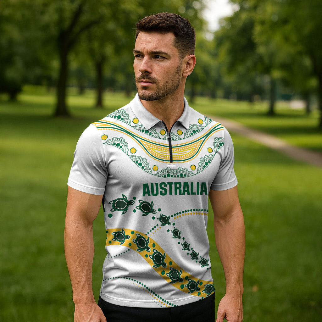 2026 Autumn Rugby Nations Australia Custom Zipper Polo Shirt Indigenous Turtle Aboriginal Dot Art
