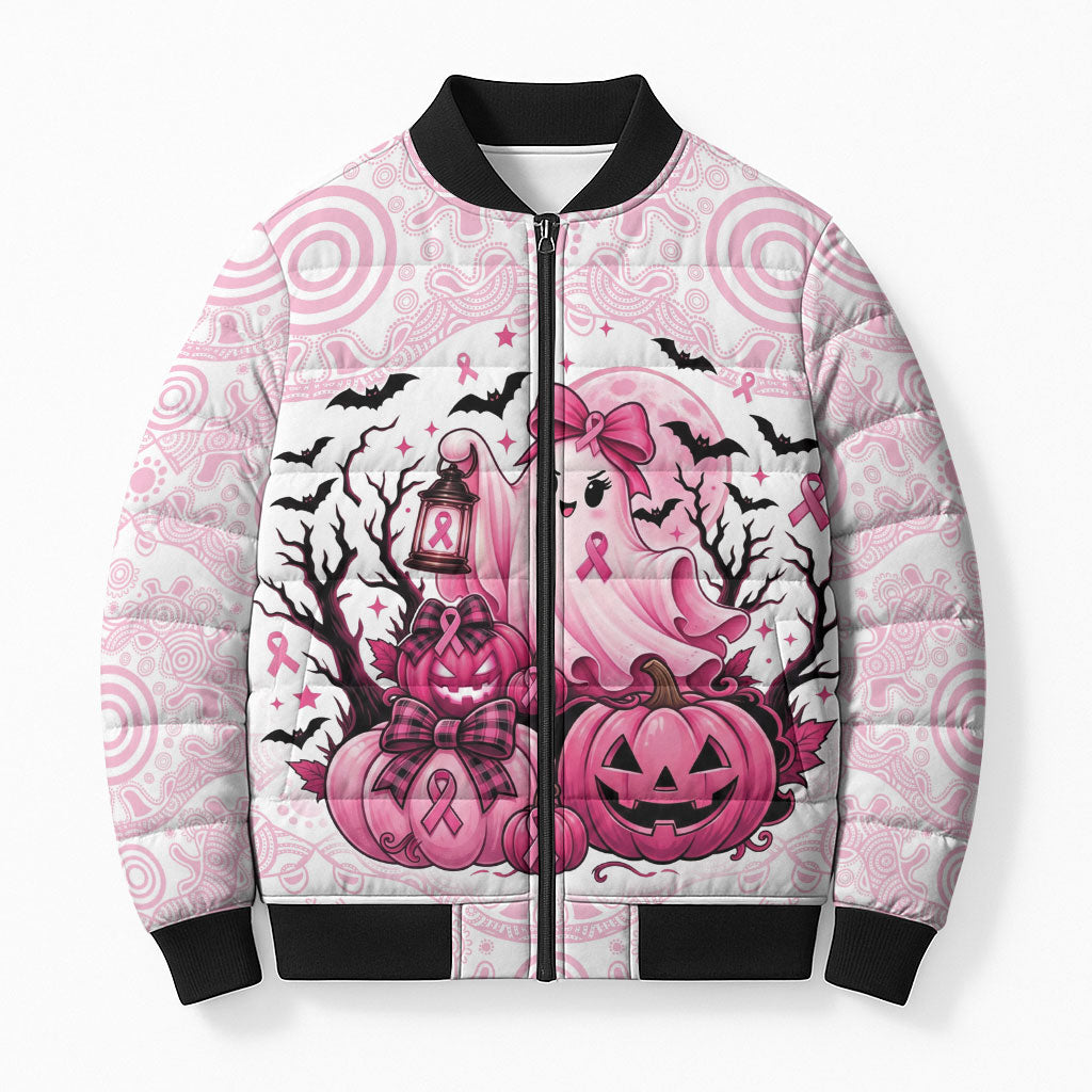 Aboriginal Pink Ghost Pumpkin Bomber Puffer Jacket Aboriginal Halloween Wear Pink