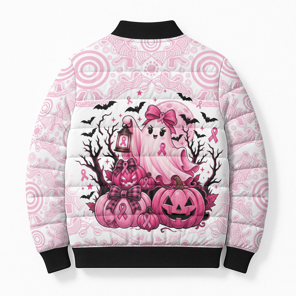Aboriginal Pink Ghost Pumpkin Bomber Puffer Jacket Aboriginal Halloween Wear Pink
