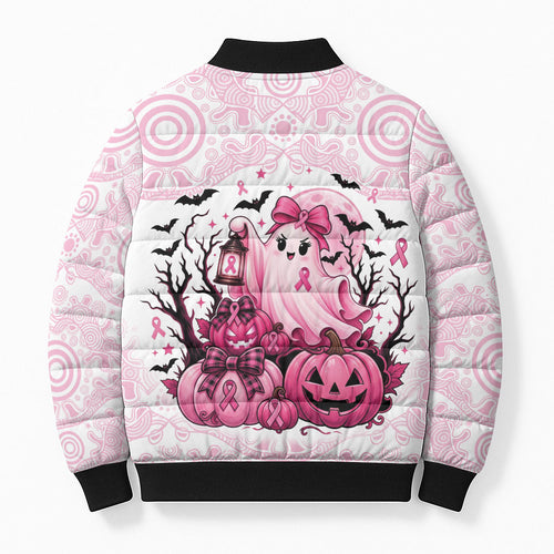 Aboriginal Pink Ghost Pumpkin Bomber Puffer Jacket Aboriginal Halloween Wear Pink