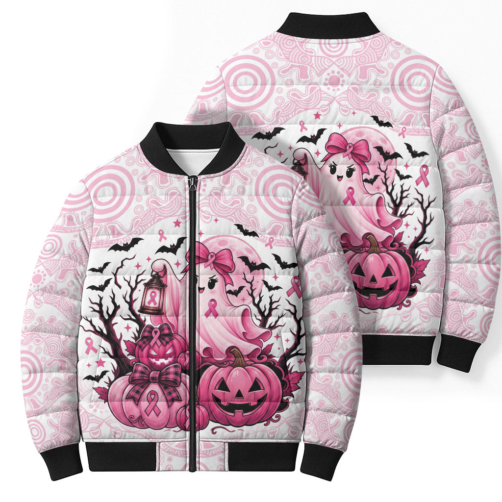 Aboriginal Pink Ghost Pumpkin Bomber Puffer Jacket Aboriginal Halloween Wear Pink