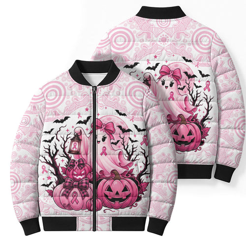 Aboriginal Pink Ghost Pumpkin Bomber Puffer Jacket Aboriginal Halloween Wear Pink