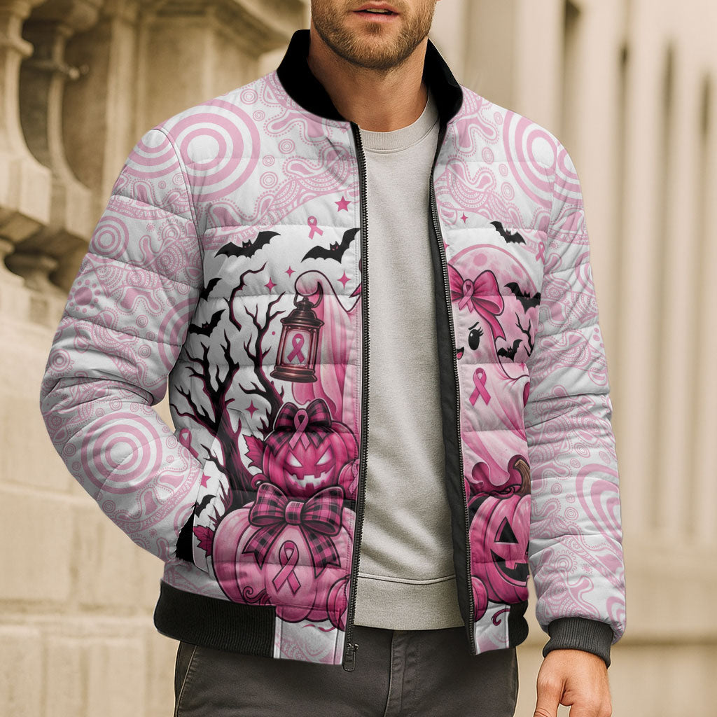 Aboriginal Pink Ghost Pumpkin Bomber Puffer Jacket Aboriginal Halloween Wear Pink