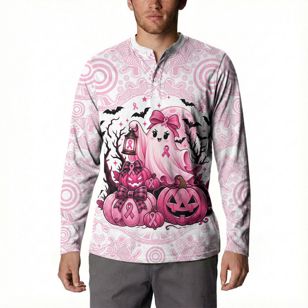 Aboriginal Pink Ghost Pumpkin Button Sweatshirt Aboriginal Halloween Wear Pink