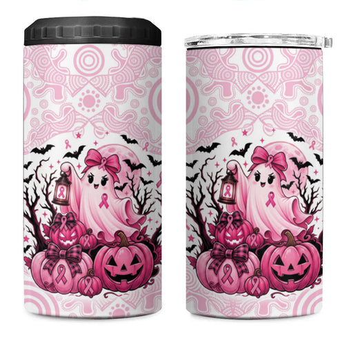 Aboriginal Pink Ghost Pumpkin 4 in 1 Can Cooler Tumbler Aboriginal Halloween Wear Pink