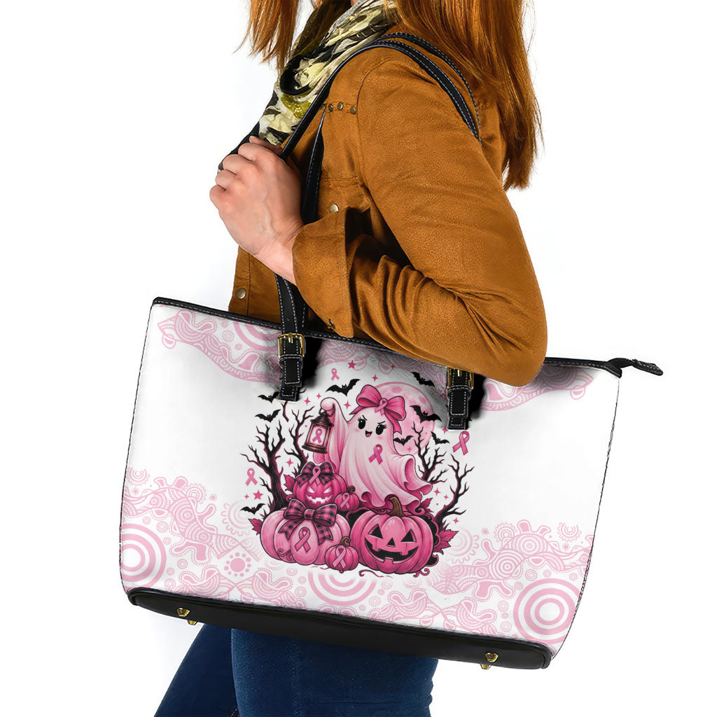 Aboriginal Pink Ghost Pumpkin Leather Tote Bag Aboriginal Halloween Wear Pink