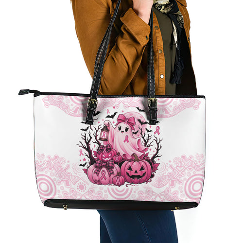 Aboriginal Pink Ghost Pumpkin Leather Tote Bag Aboriginal Halloween Wear Pink