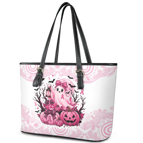 Aboriginal Pink Ghost Pumpkin Leather Tote Bag Aboriginal Halloween Wear Pink