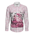 Aboriginal Pink Ghost Pumpkin Long Sleeve Button Shirt Aboriginal Halloween Wear Pink