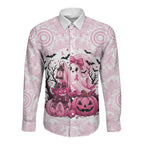 Aboriginal Pink Ghost Pumpkin Long Sleeve Button Shirt Aboriginal Halloween Wear Pink