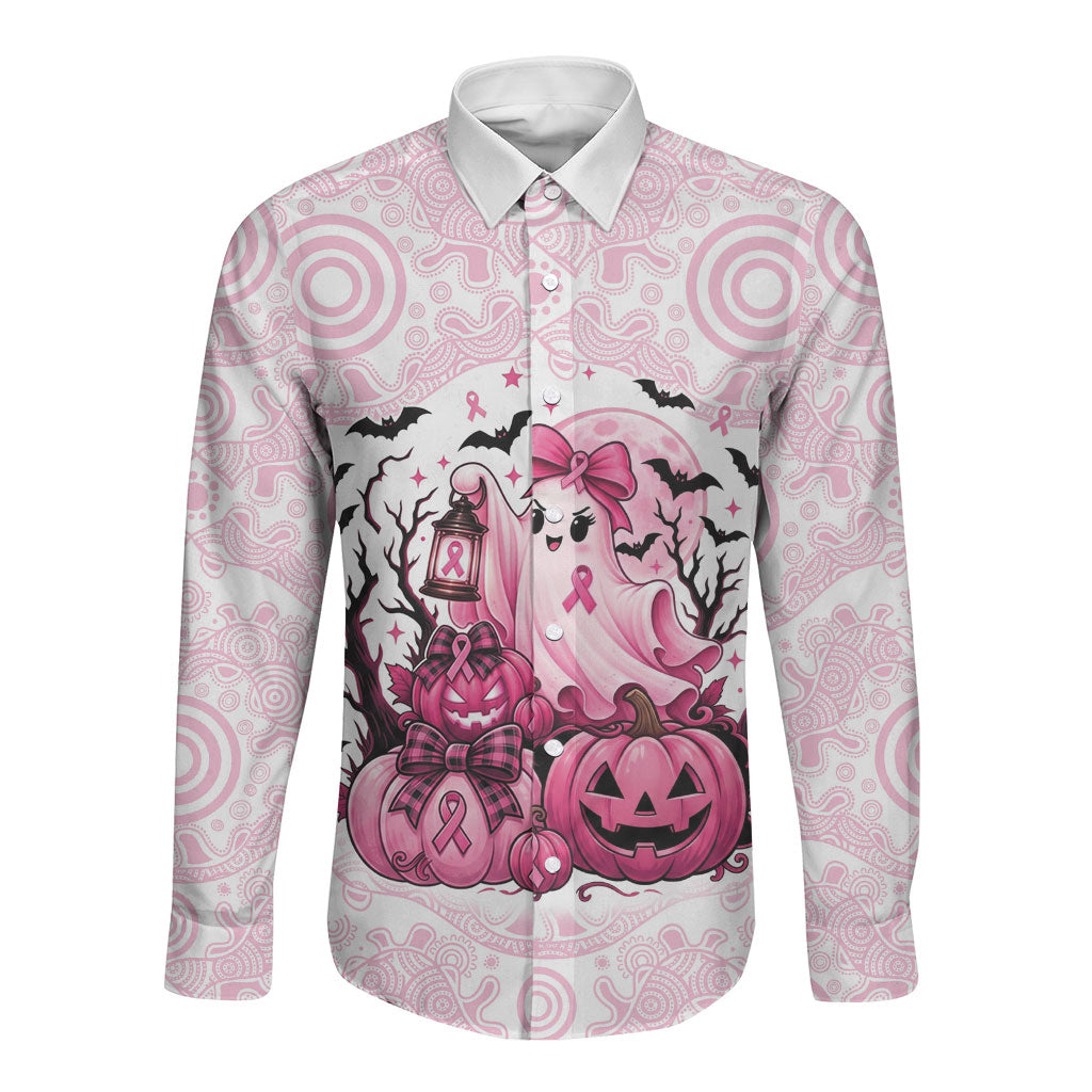 Aboriginal Pink Ghost Pumpkin Long Sleeve Button Shirt Aboriginal Halloween Wear Pink