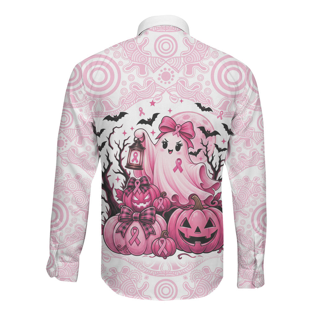 Aboriginal Pink Ghost Pumpkin Long Sleeve Button Shirt Aboriginal Halloween Wear Pink